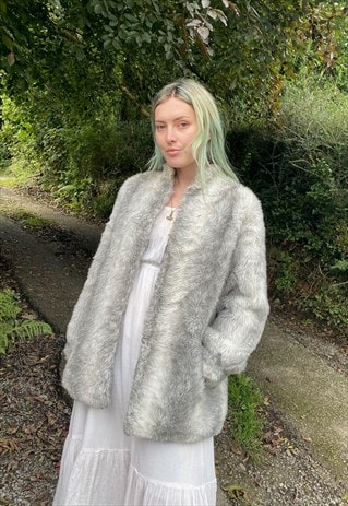 VINTAGE 90S SIZE LARGE FAUX FUR GREY TRENCH COAT