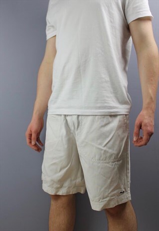 VINTAGE FILA SHORTS IN WHITE WITH POCKETS, EMBROIDERED LOGO