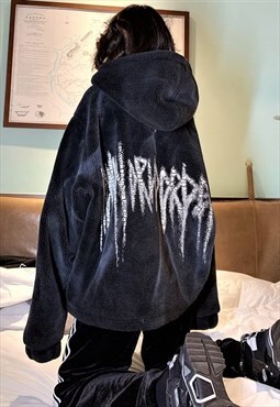 Graffiti fleece jacket faux fur coat bear hood bomber Black