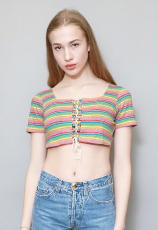 VINTAGE 1990'S CANDY COLOURED STRIPED LACE FRONT CROP TOP