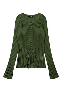 Transparent sweater flare sleeves sheer knitted jumper green