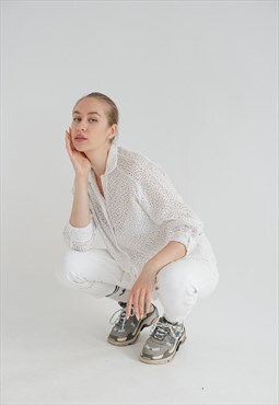 Vintage Boho Fitted 3/4 Sleeve Lace Mesh Blouse in White M