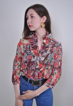 80s multicolor floral ruffled blouse, Size S
