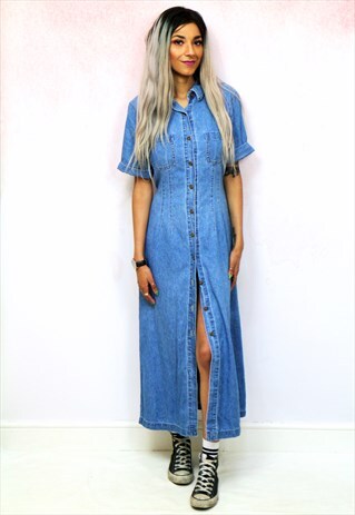 1990S VINTAGE BUTTON UP SHIRT DENIM MIDI DRESS