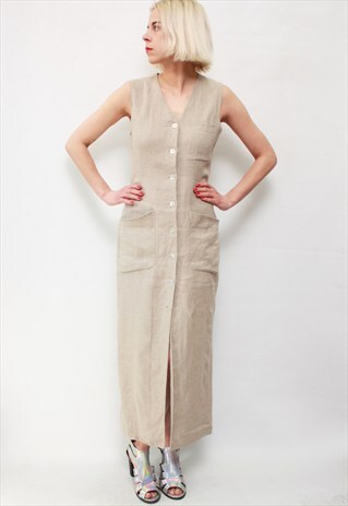 VINTAGE 90' BEAUTIFUL AMAZING LONG LINEN BEIGE DRESS