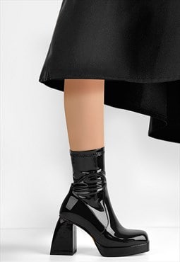 Patent Leather Square Chunky Heels Platform Ankle Boots