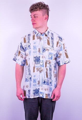 VINTAGE CRAZY PRINT PATTERNED SHORT SLEEVE SHIRT MEDIUM