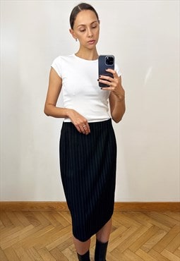 Vintage Black Striped Wool Midi Pencil Skirt