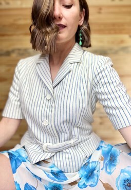 1970's vintage short sleeve cream blazer with blue stripes