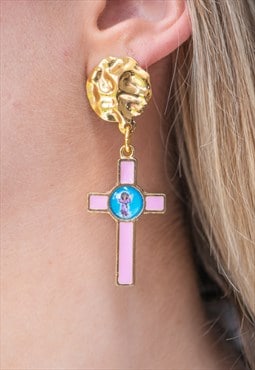 Alessandra Pink Cross Enamel Hammered Drop Earrings 