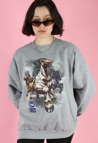 VINTAGE 90S SWEATSHIRT JUMPER IN GREY WITH HORSE PRINT