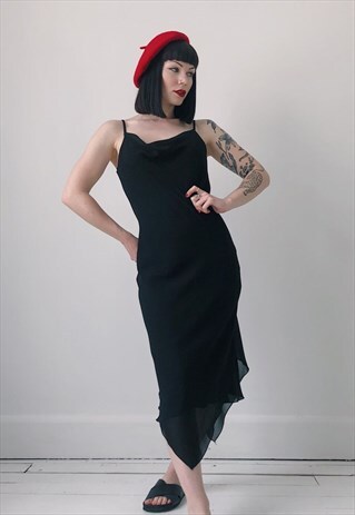 90S VINTAGE EVENING BLACK CAMI COWL SLIP DRESS