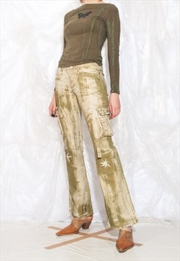 Vintage Y2K Cargo Flare Trousers in Beige and Green Reworked