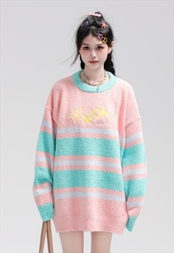 Colour block sweater knitted stripe jumper fluffy skater top