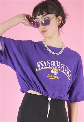 VINTAGE 90S REWORKED CROP TOP IN PURPLE WITH LOUISIANA PRINT