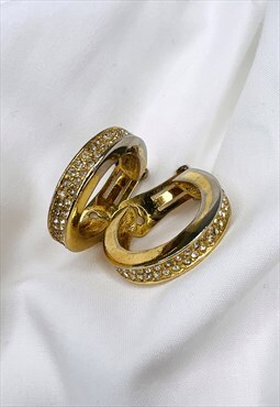 Christian Dior Earrings Gold Crystal Hoops Clip on Vintage
