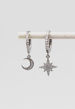 Sterling Silver Moon & Star Stone Set Huggie Hoop Earrings