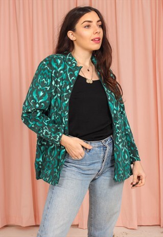 VINTAGE 90S FLEECE JACKET IN GREEN ABSTRACT PATTERN