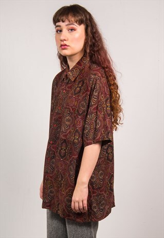 VINTAGE 90'S BURGUNDY PAISLEY PRINT SHORT SLEEVE SHIRT