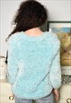 VINTAGE 80S FURRY FLUFFY JUMPER SWEATER PULLOVER PASTEL BLUE