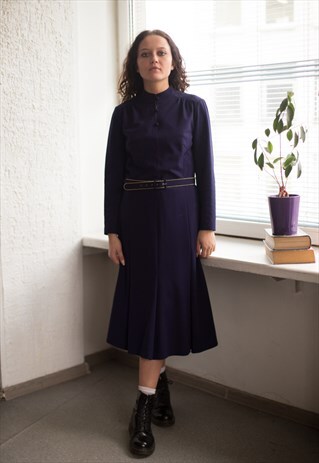 VINTAGE 80'S PURPLE MIDI LONG SLEEVED HIGH COLLAR DRESS