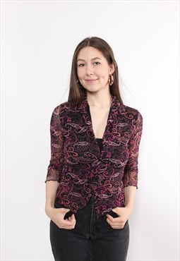 90s paisley print black blouse, vintage deep v-neck pink top