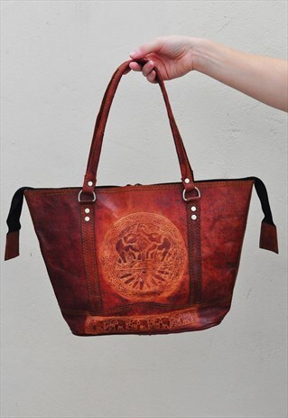VINTAGE EMBOSSED ETHNIC INDIAN ELEPHANT BROWN LEATHER TOTE