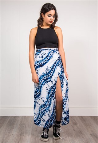 VINTAGE 90'S BLUE FUNKY PATTERNED TIE DIE MAXI WRAP SKIRT
