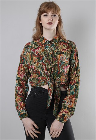 VINTAGE 80S FLORAL PATTERNED CROPPED TIE SHIRT