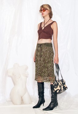 Vintage Y2K Skirt in Green Crochet Leather
