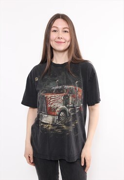 90s black rocker t-shirt, vintage truck driver grunge tee
