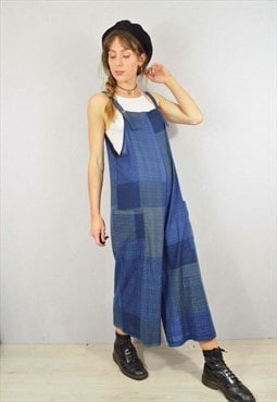 Patterned Dungarees Relaxed Fit 3/4 Length Blue Patchwork