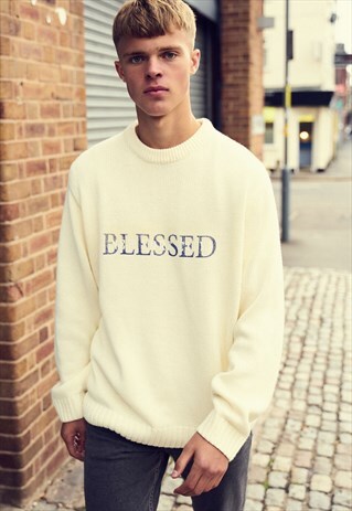 CREAM KNIT BLESSED PRINTED JUMPER - RELAXED FIT