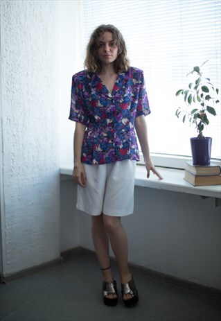 VINTAGE 80'S MULTICOLOURED FLOWER PRINT SHORT SLEEVED BLOUSE