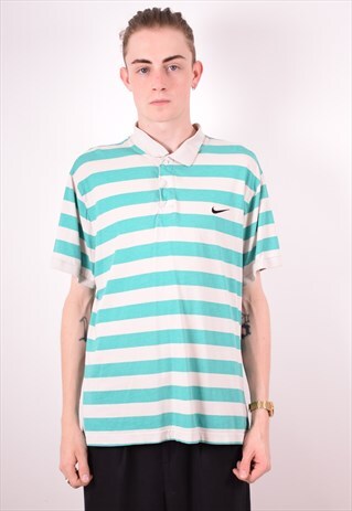 NIKE MENS VINTAGE POLO SHIRT LARGE GREEN STRIPES 90S
