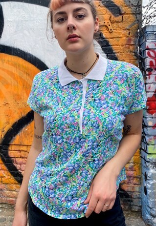 VINTAGE 80S POLO SHIRT IN BLUE PINK WHITE FLOWER PATTERN