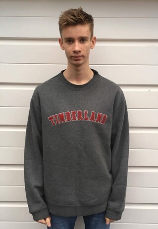 MENS GREY RED TIMBERLAND SWEATSHIRT JUMPER TOP SPORTSWEAR