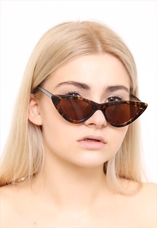 TORTOISESHELL BROWN THIN CAT EYE SLIM SUNGLASSES UV400