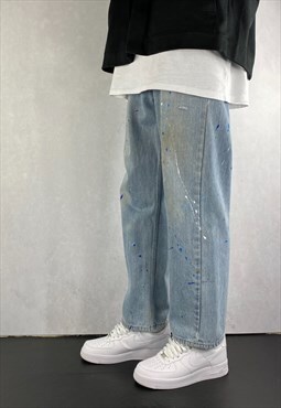 Light Blue Levis Relaxed Fit Paint Splatter Jeans Mens 35.5"