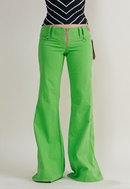 Vintage Y2k Rave Green Flare Low Waist Trousers