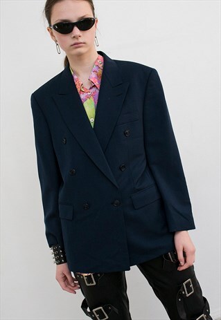 VINTAGE BLAZER WOOL NAVY BLUE ELEGANT OFFICE DOUBLE BREASTED