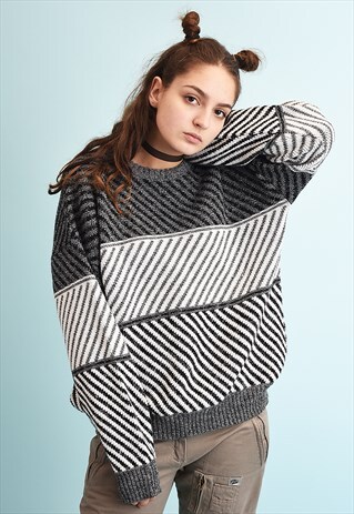 90'S RETRO OPTICAL STRIPED PATTERN CHUNKY KNIT JUMPER