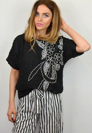 VINTAGE BLACK & SILVER SPARKLY SEQUIN FESTIVAL TOP