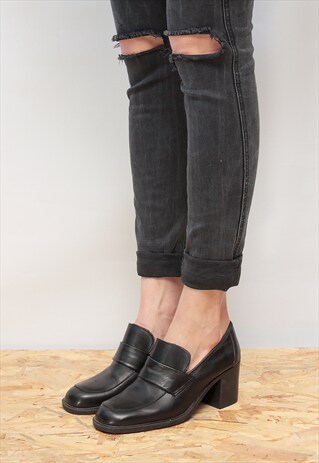 VINTAGE 80' AMAZING CLASSIC BLACK LEATHER MID-HEELED SHOES