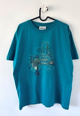 Vintage gardening turquoise floral T-shirt large 1990s