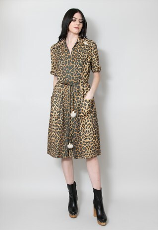 60's Ladies Vintage Animal Print Short Sleeve Brown Dress
