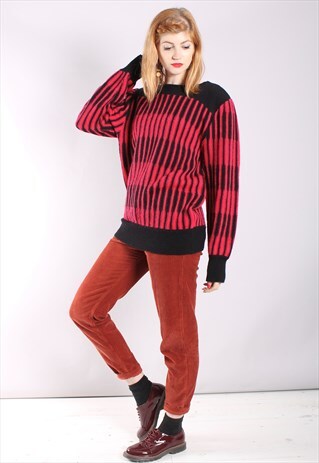 VINTAGE 80S RED ABSTRACT STRIPE PUFF SLEEVE JUMPER