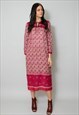 70'S VINTAGE INDIAN COTTON LONG SLEEVE MIDI DRESS RED
