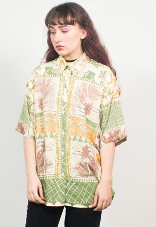 VINTAGE 90'S MULTICOLOUR PALM TREE PRINT SHORT SLEEVE SHIRT