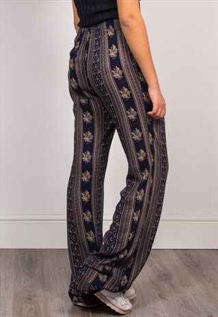 RETRO NAVY BLUE HIPPIE PATTERNED SUMMER FESTIVAL TROUSERS